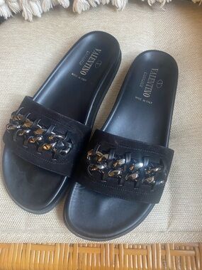 Valentino Black Suede Chain-Detail Slide Sandals